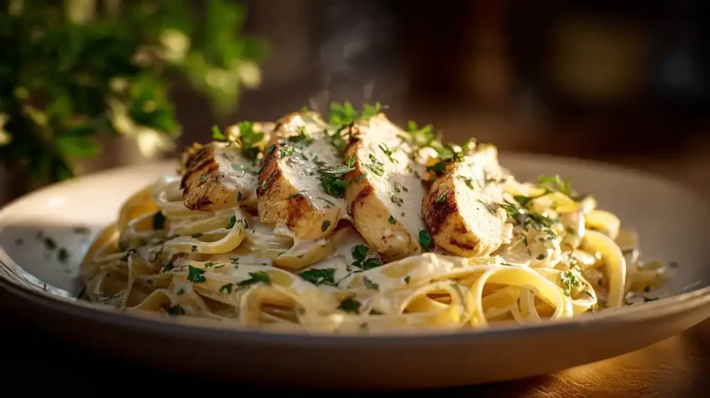 Nahaufnahme von cremiger Chicken-Alfredo-Parmesan-Sahnesoße mit Pasta
