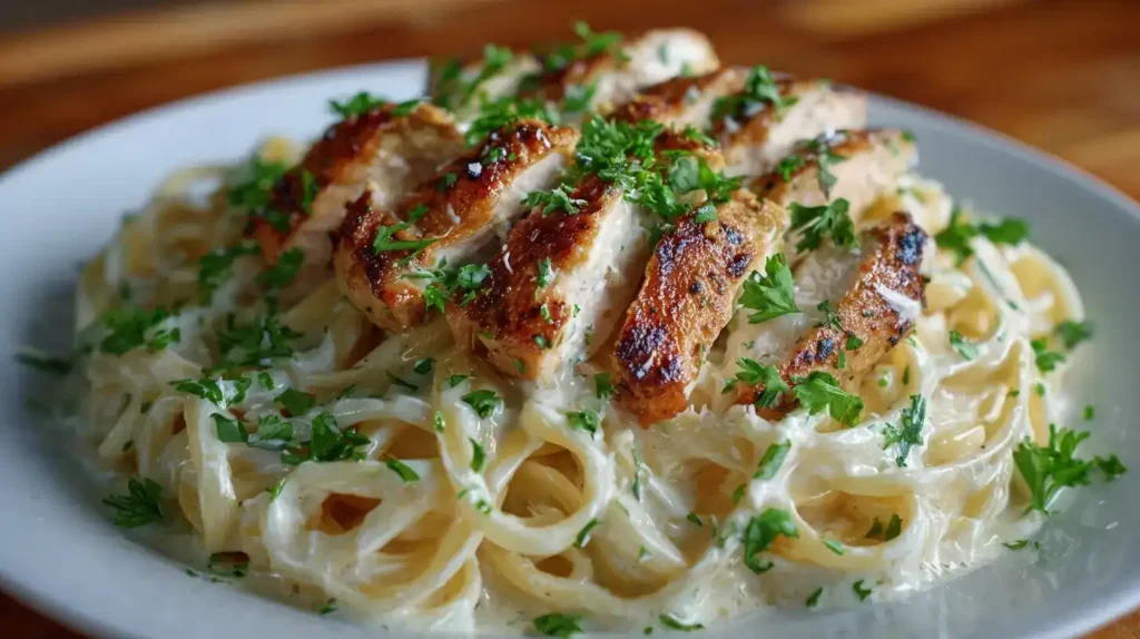 Cremiges Chicken Alfredo mit Hähnchenstreifen und Parmesan-Soße