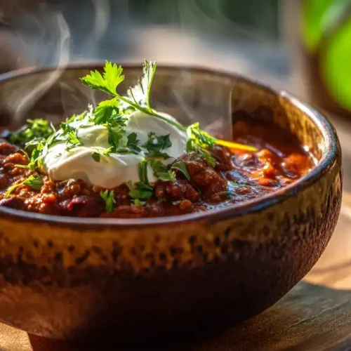 Chili con Carne in einer Schüssel, serviert mit Créme Fraîche und frischer Petersilie
