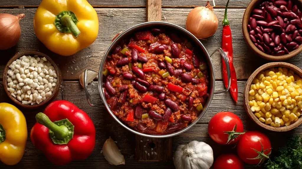 Chili con Carne in der Mitte mit Zutaten wie Paprika, Bohnen und Mais drumherum