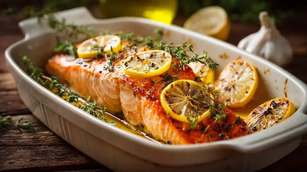 Saftiger Zitronen-Lachs im Ofen mit Zitrone, Thymian und Honig – perfekt gebacken und mediterran serviert.