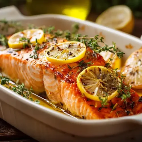 Saftiger Zitronen-Lachs im Ofen mit Zitrone, Thymian und Honig – perfekt gebacken und mediterran serviert.