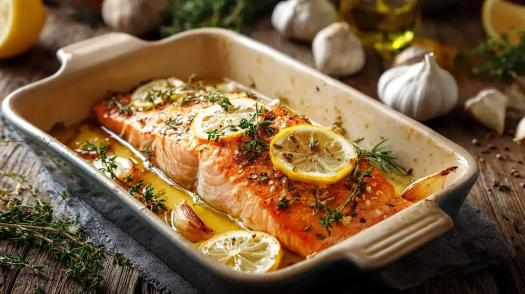 Zubereitung von Zitronen-Lachs im Ofen – frische Lachsfilets mit Zitrone, Olivenöl und Knoblauch in Auflaufform.