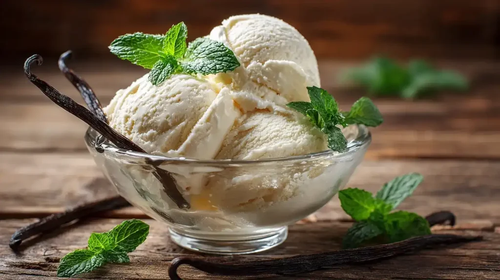 Eis ohne Eismaschine – Cremiges Vanille-Eis in 10 Minuten Cremiges Vanilleeis ohne Eismaschine in Schale serviert, mit frischer Vanille und Minze garniert