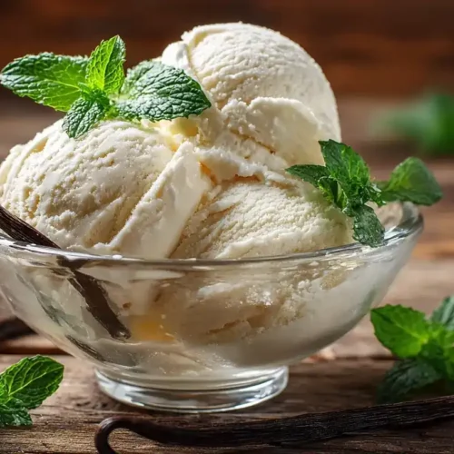 Cremiges Vanilleeis ohne Eismaschine in Schale serviert, mit frischer Vanille und Minze garniert