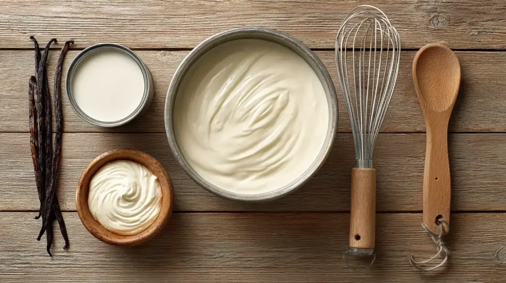 Zutaten für Eis ohne Eismaschine – Kondensmilch, Sahne und Vanille auf Holztisch