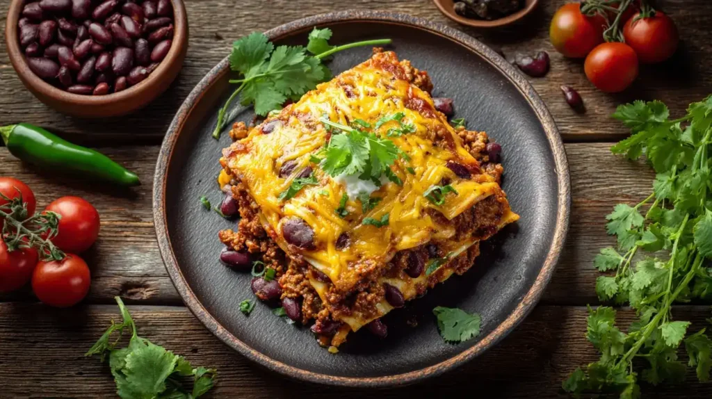 Mexikanische Enchilada-Lasagne in der Mitte, Hack, Bohnen und Käse drumherum