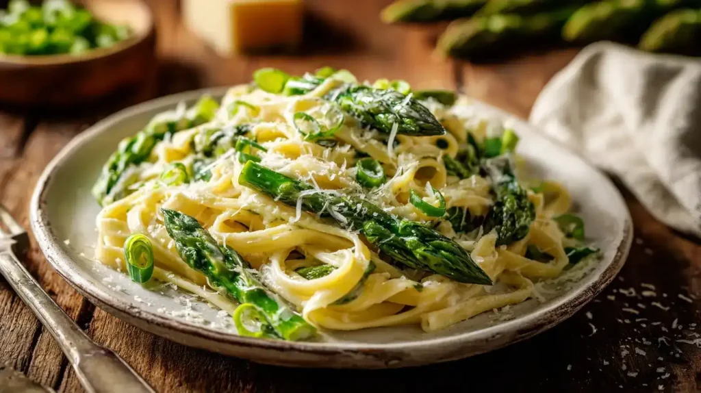 Cremige Frühlingspasta mit grünem Spargel und Parmesan auf Teller serviert