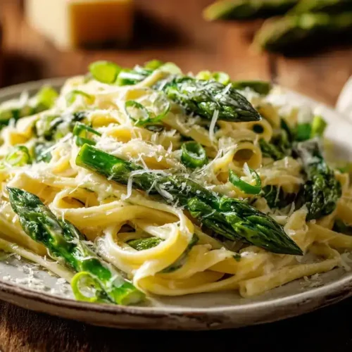 Cremige Frühlingspasta mit grünem Spargel und Parmesan auf Teller serviert