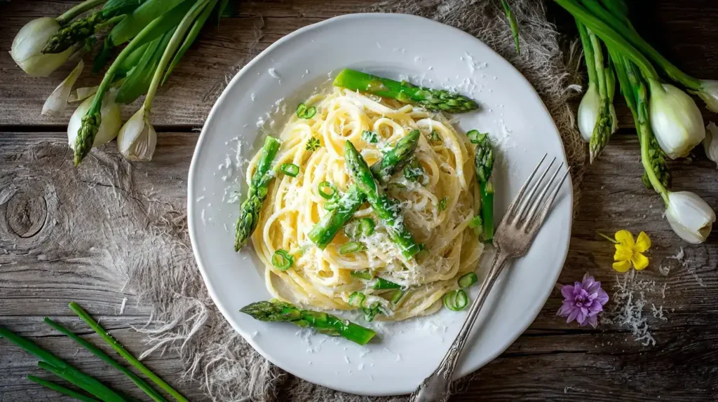 Nahaufnahme von Frühlingspasta mit Spargel und Frühlingszwiebeln