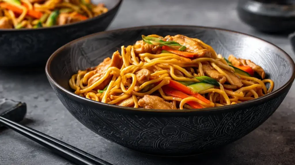 Gebratene Nudeln mit Hähnchen und frischem Gemüse