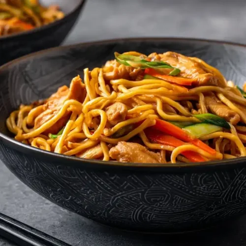 Gebratene Nudeln mit Hähnchen und frischem Gemüse