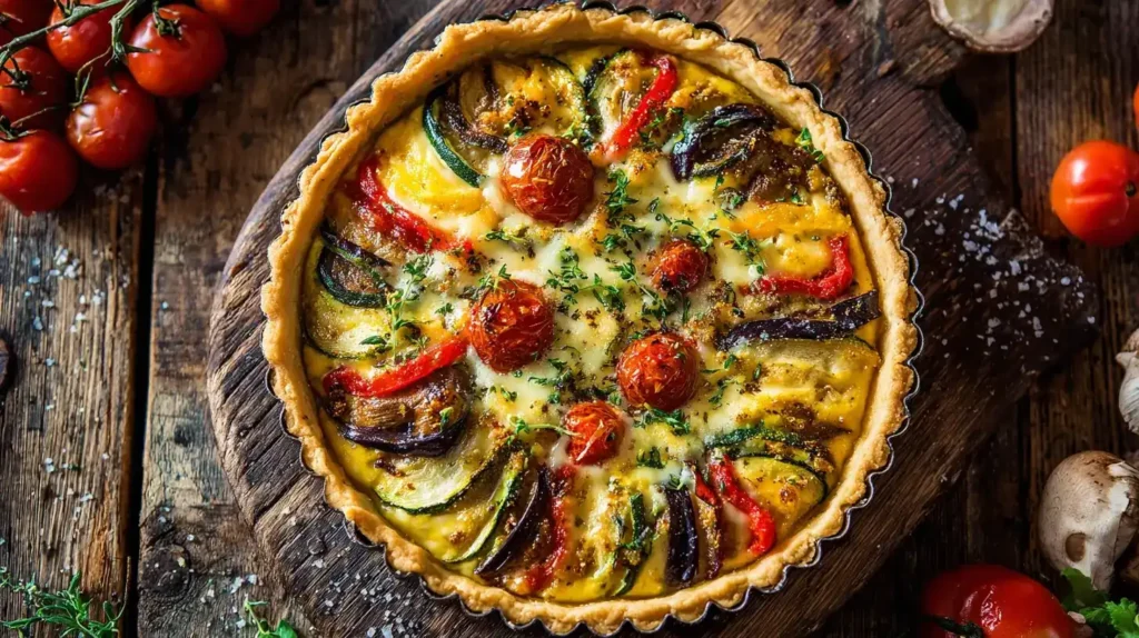 Bunte Gemüsequiche vegetarisch & bunt frisch aus dem Ofen, geschnitten serviert
