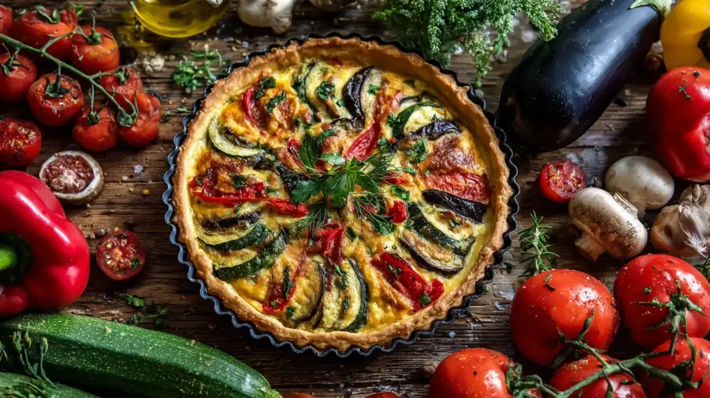 Gemüsequiche vegetarisch & bunt mit frischen Zutaten Zucchini, Paprika, Aubergine und Käse