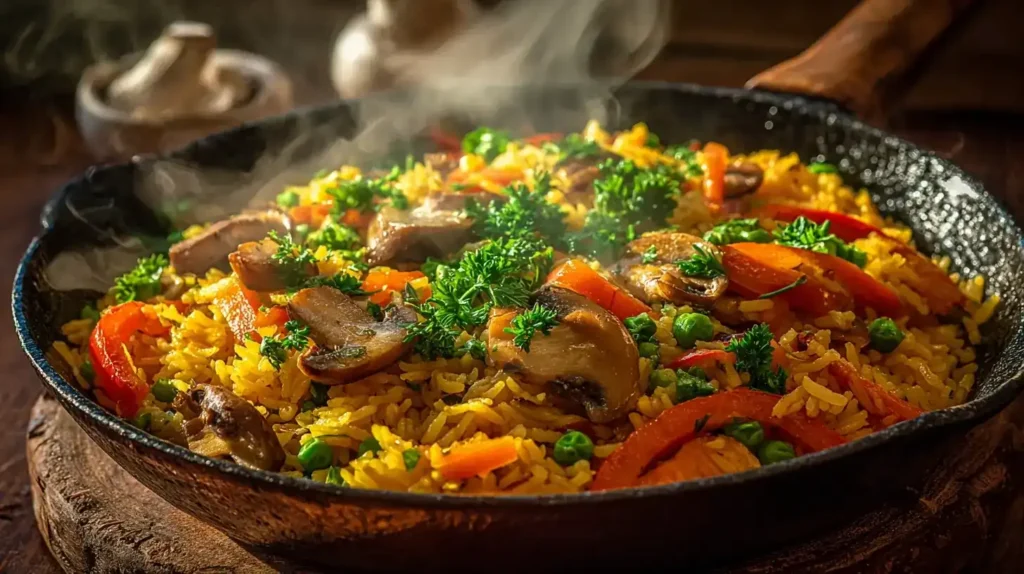 Gesunde Reispfanne mit Möhren, Paprika, Erbsen und Champignons, appetitlich angerichtet, Top-Down Perspektive