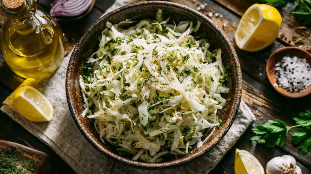 Griechischer Krautsalat mit Weißkohl, Zwiebeln und Kräuteressig in einer Schüssel serviert