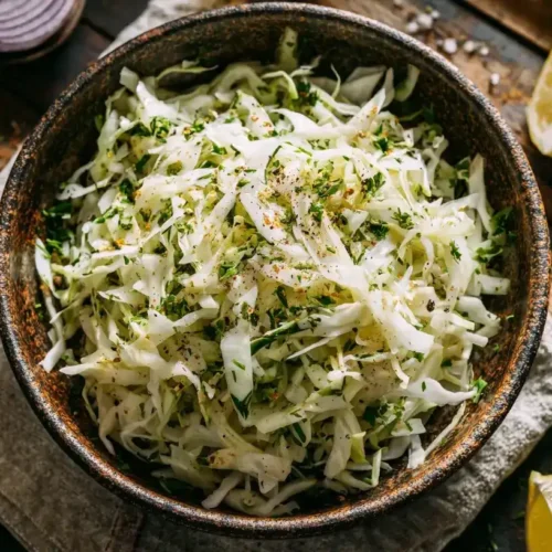 Griechischer Krautsalat mit Weißkohl, Zwiebeln und Kräuteressig in einer Schüssel serviert