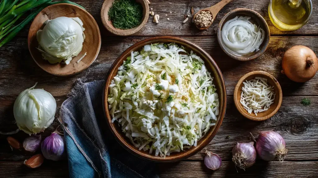 Zubereitung von griechischem Krautsalat mit geschnittenem Weißkohl, Zwiebeln und Dressing in einer Küche