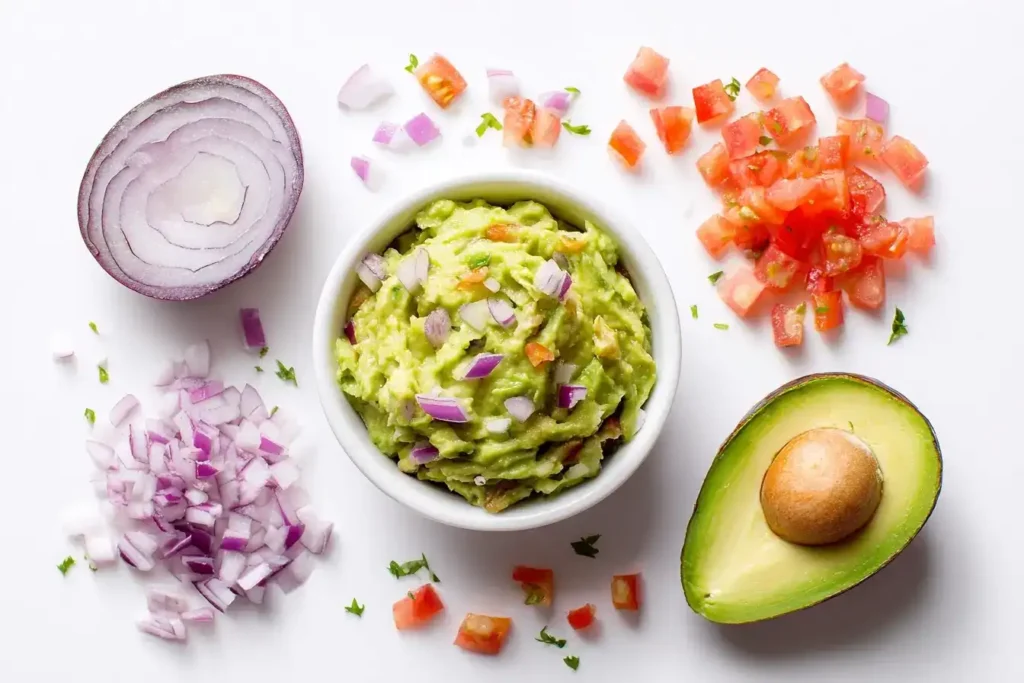 Cremige Guacamole aus Avocado, Tomate, Zwiebel und Limette in einer Schüssel