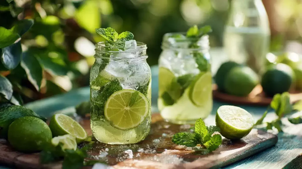 Frische Gurken, Limetten und Kräuter für Gurkenlimonade auf weißem Hintergrund, Zutaten nahaufnahme