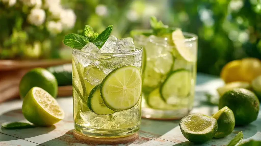 Glas mit erfrischender Gurkenlimonade, Eiswürfeln, Minze und Limette auf sommerlichem Holztisch