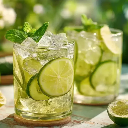Glas mit erfrischender Gurkenlimonade, Eiswürfeln, Minze und Limette auf sommerlichem Holztisch