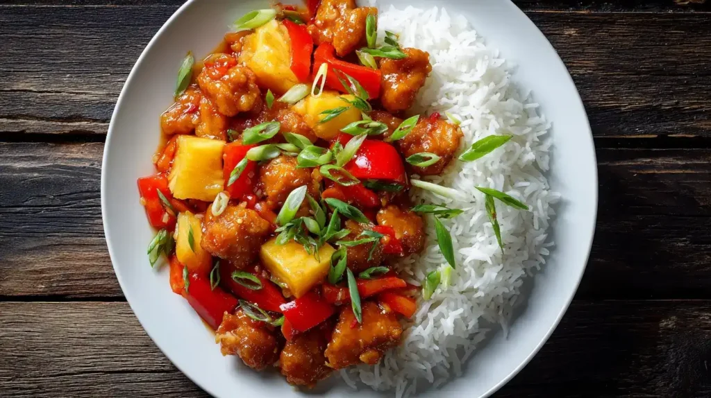 Hähnchen süß-sauer mit Paprika, Ananas und Reis serviert