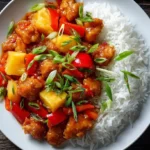 Hähnchen süß-sauer mit Paprika, Ananas und Reis serviert