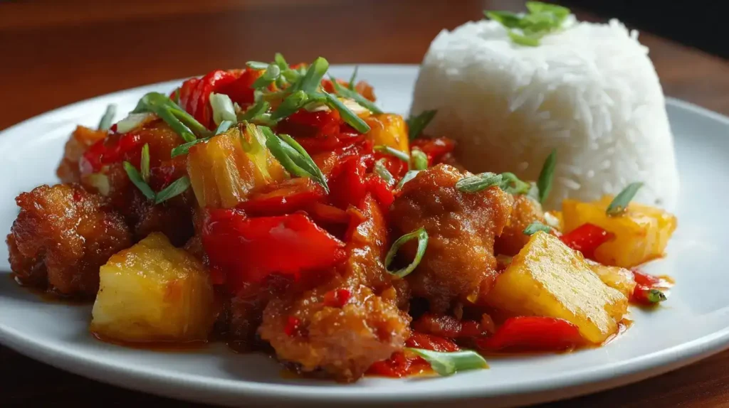 Hähnchen süß-sauer Rezept mit Hauptzutaten: Hähnchen, Paprika, Ananas