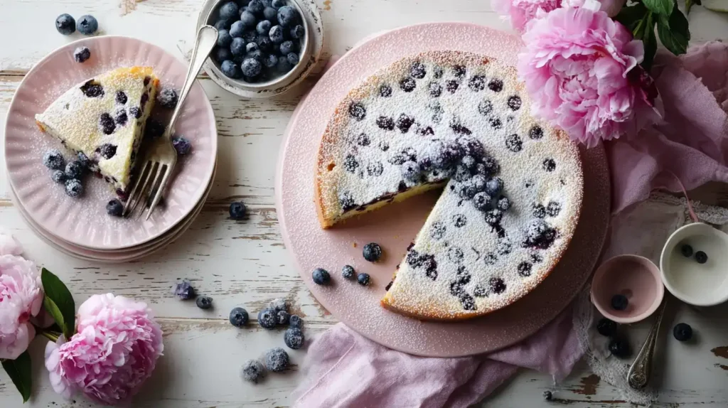 Ein Stück Heidelbeerkuchen mit Joghurt auf einem Teller, serviert mit frischen Heidelbeeren und einer Tasse Kaffee.
