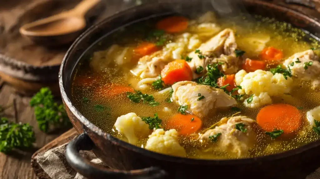 Hausgemachte Hühnersuppe mit Suppennudeln, Möhrenwürfeln und Petersilie serviert