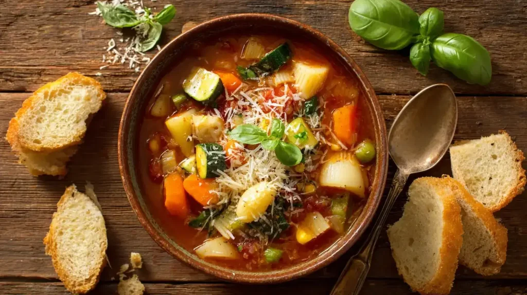 Klassische italienische Minestrone im Teller mit frischem Brot