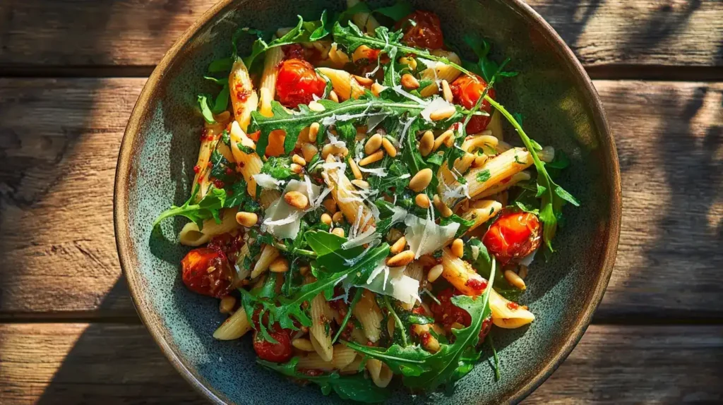 Italienischer Nudelsalat mit rotem Pesto, Rucola, Tomaten und Pecorino