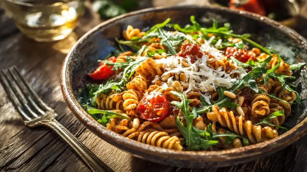 Bunter italienischer Nudelsalat mit Pesto, gerösteten Pinienkernen und frischem Rucola, serviert in rustikaler Schüssel