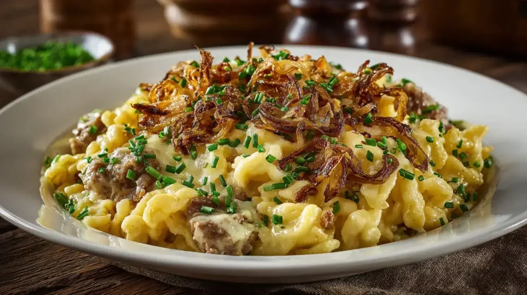Käsespätzle Hackpfanne mit Lauch und knusprigen Röstzwiebeln auf Teller serviert