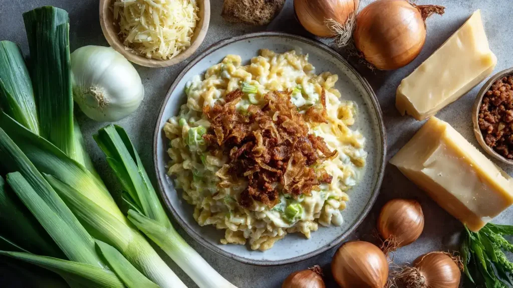 Käsespätzle Hackpfanne in der Mitte, Emmentaler, Hackfleisch und Lauch drumherum angeordnet