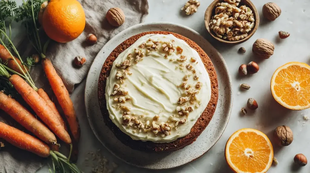 Stück Karottenkuchen mit Frischkäse-Frosting, daneben frische Möhren und gehackte Nüsse