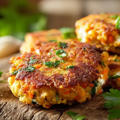 Knusprige Kichererbsen-Bratlinge mit Möhren und Feta auf Teller serviert