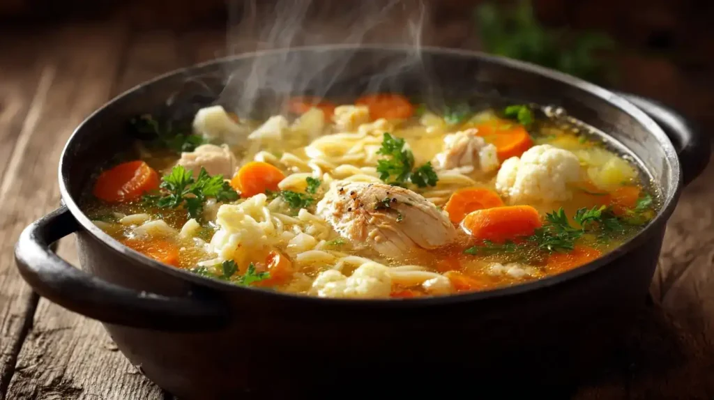 Klassische Hühnersuppe mit zartem Huhn und frischem Gemüse in klarem goldgelben Fond