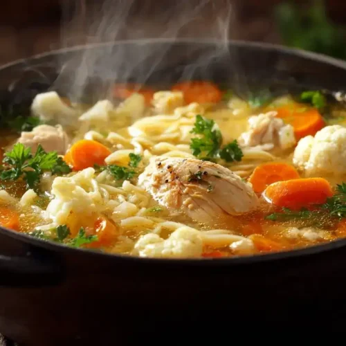 Klassische Hühnersuppe mit zartem Huhn und frischem Gemüse in klarem goldgelben Fond
