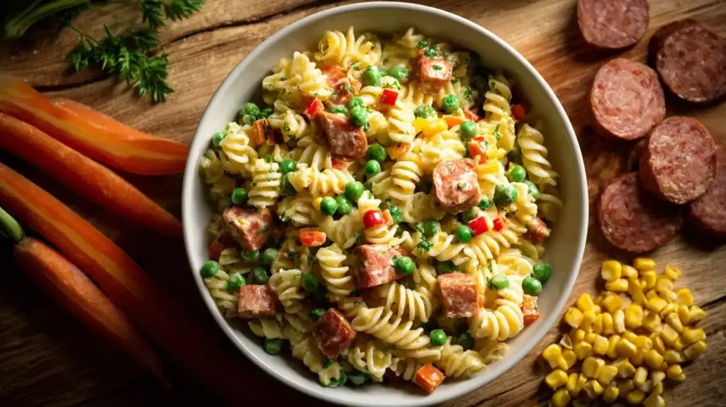 Klassischer Nudelsalat mit Mayo Klassischer Nudelsalat mit Mayo, Paprika, Mais und Fleischwurst in einer rustikalen Schüssel