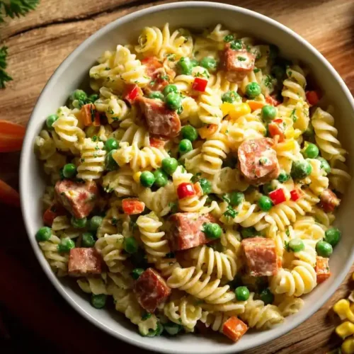 Klassischer Nudelsalat mit Mayo, Paprika, Mais und Fleischwurst in einer rustikalen Schüssel