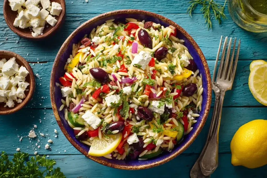 Kritharaki-Salat – schnell und einfach Bunter Kritharaki-Salat mit Feta, Paprika, Gurke und Kirschtomaten