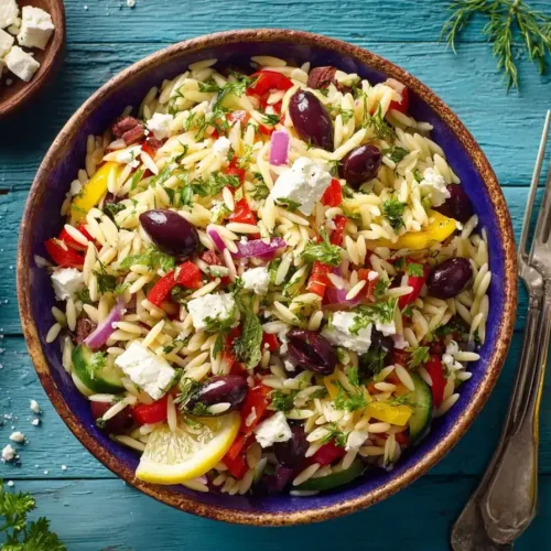 Bunter Kritharaki-Salat mit Feta, Paprika, Gurke und Kirschtomaten