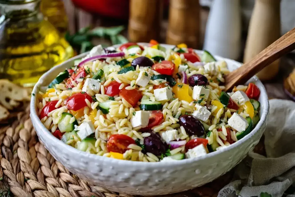 Kritharaki-Salat angerichtet in einer Schüssel, mediterraner Genuss