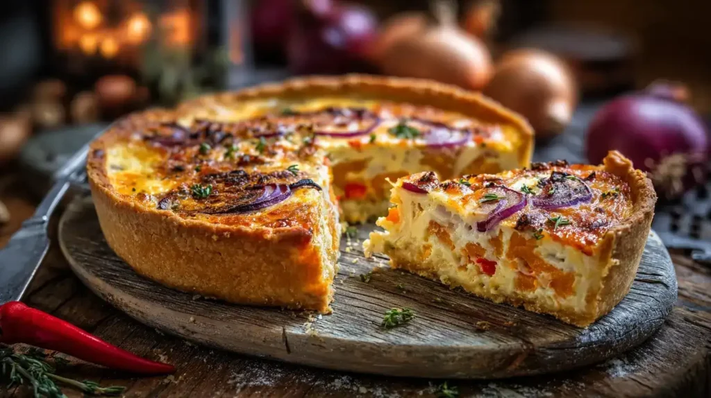 Kürbis-Quiche – herzhaft und vegetarisch Herbstliche Kürbis-Quiche mit Bergkäse, Zwiebeln und Peperoni auf Teller serviert