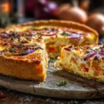 Herbstliche Kürbis-Quiche mit Bergkäse, Zwiebeln und Peperoni auf Teller serviert