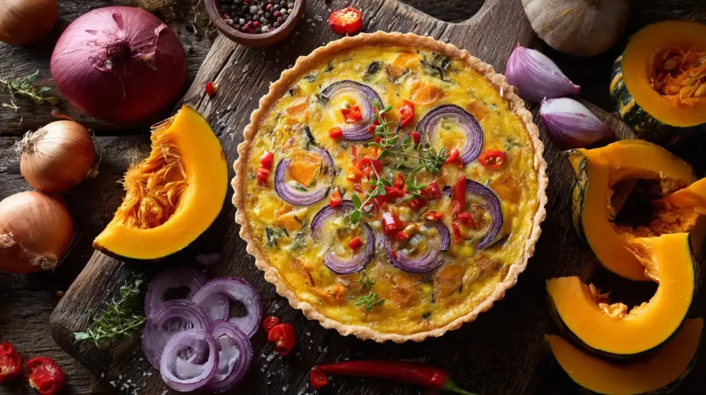 Kürbis-Quiche in der Mitte mit Kürbis, Zwiebel und Peperoni rundherum