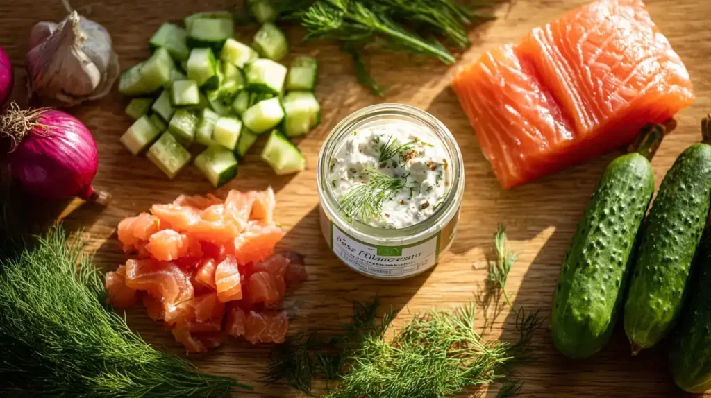 Lachs mit Frischkäse-Creme Glas, dekorativ angerichtet mit Meerrettich, Dill und Gurkenwürfeln