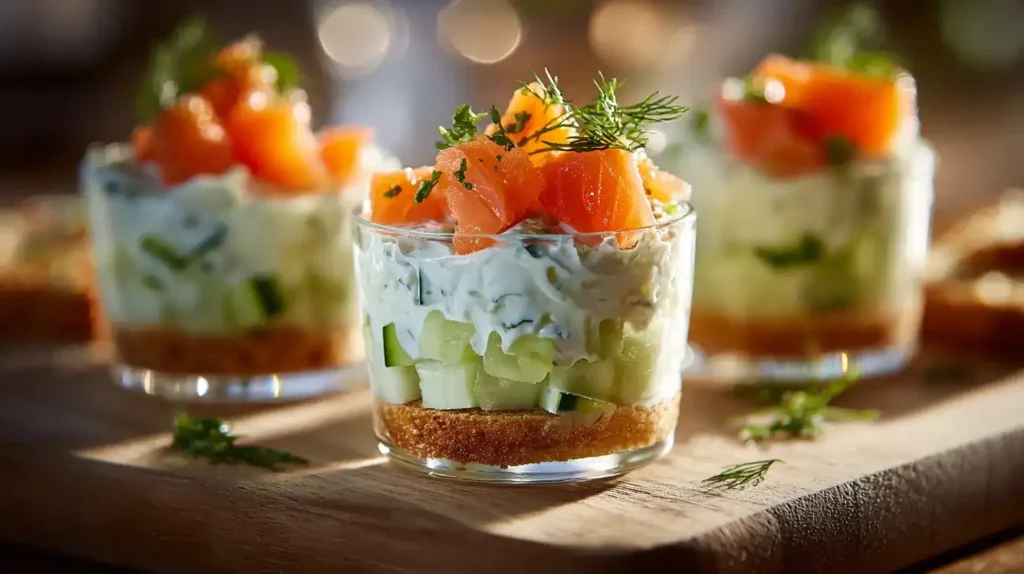 Lachs mit Frischkäse-Creme im Glas, frische Gurkenwürfel und Kräuter garniert